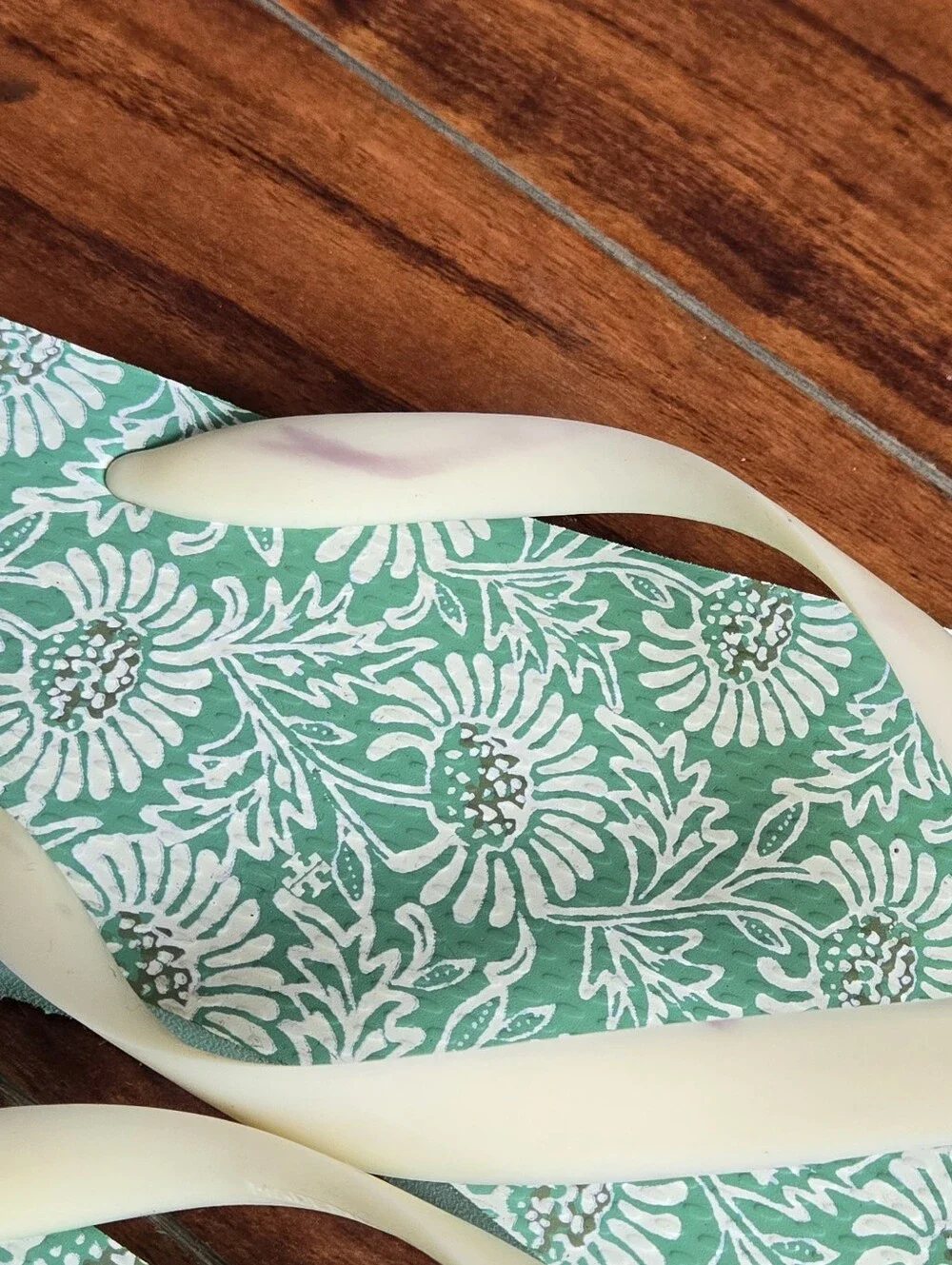 Tory Burch Logo Floral Green & Cream Flip Flops